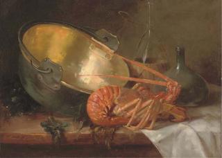 Alfred Arthur Brunel de Neuville - A lobster, cooking-pot and wine bottles, with mussels to the side, on a table
