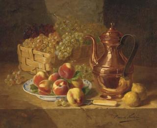 Alfred-Arthur-Brunel De Neuville - A plate of peaches and a basket of grapes with a copper kettle