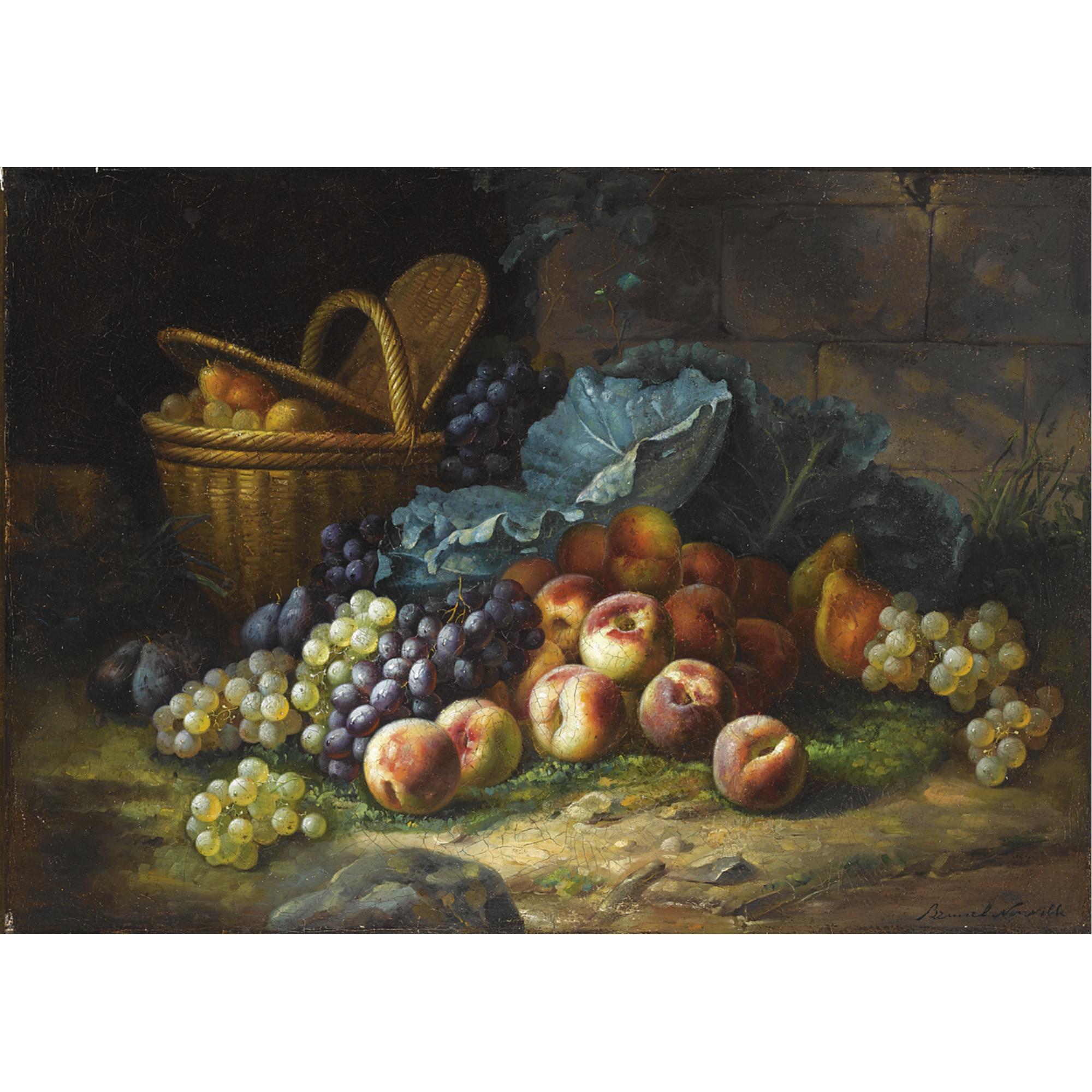 Alfred Arthur Brunel de Neuville - A Still Life With Peaches And Grapes