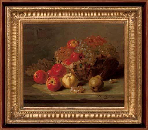 Alfred Arthur Brunel de Neuville - Apples and grapes in a basket, with a pear to the side