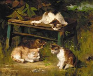 Alfred Arthur Brunel De Neuville - Kittens playing with a grasshopper