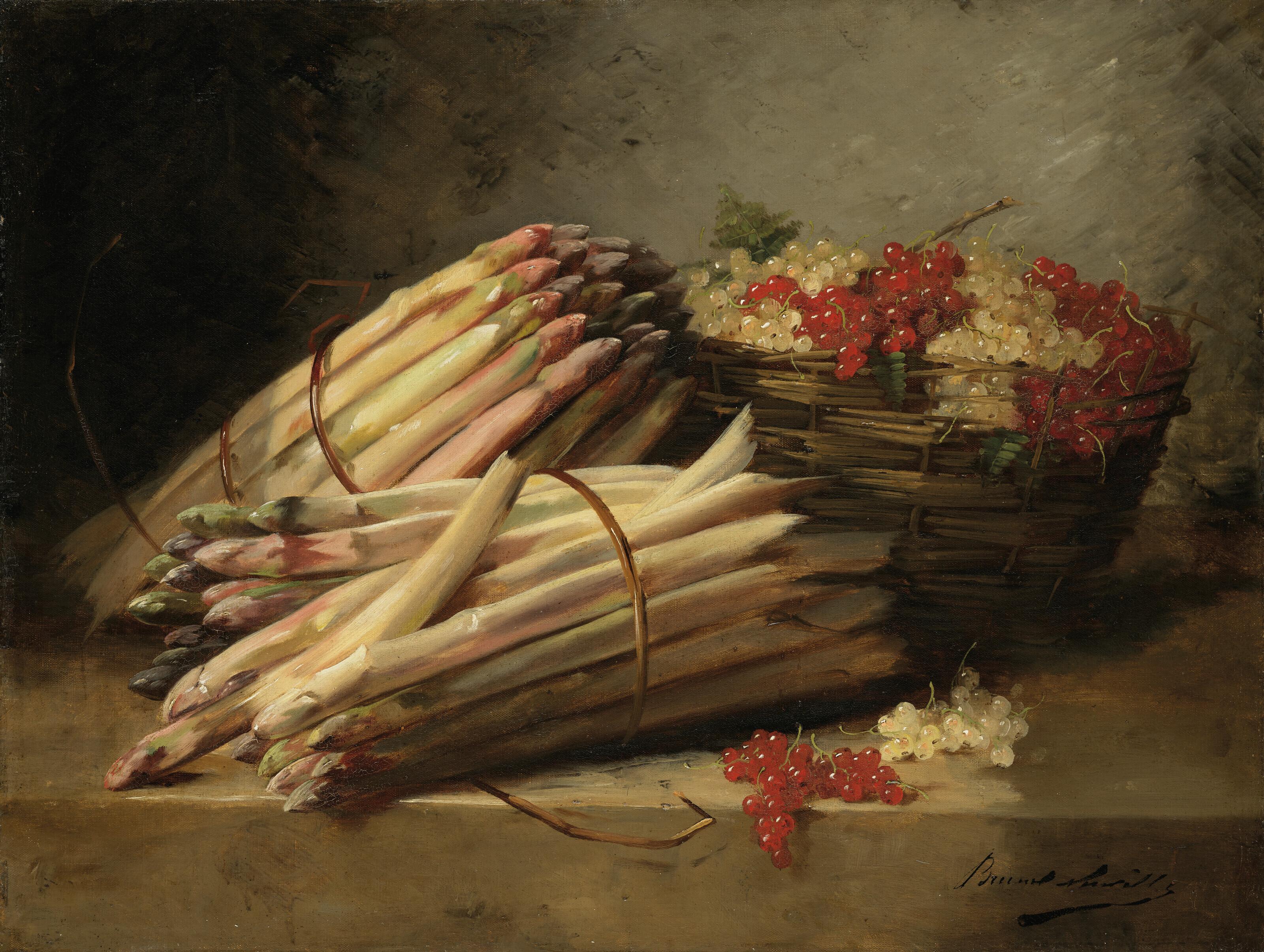 Alfred Arthur Brunel De Neuville - Nature Morte Aux Asperges Et Groseilles Sur Un Entablement De Pierre