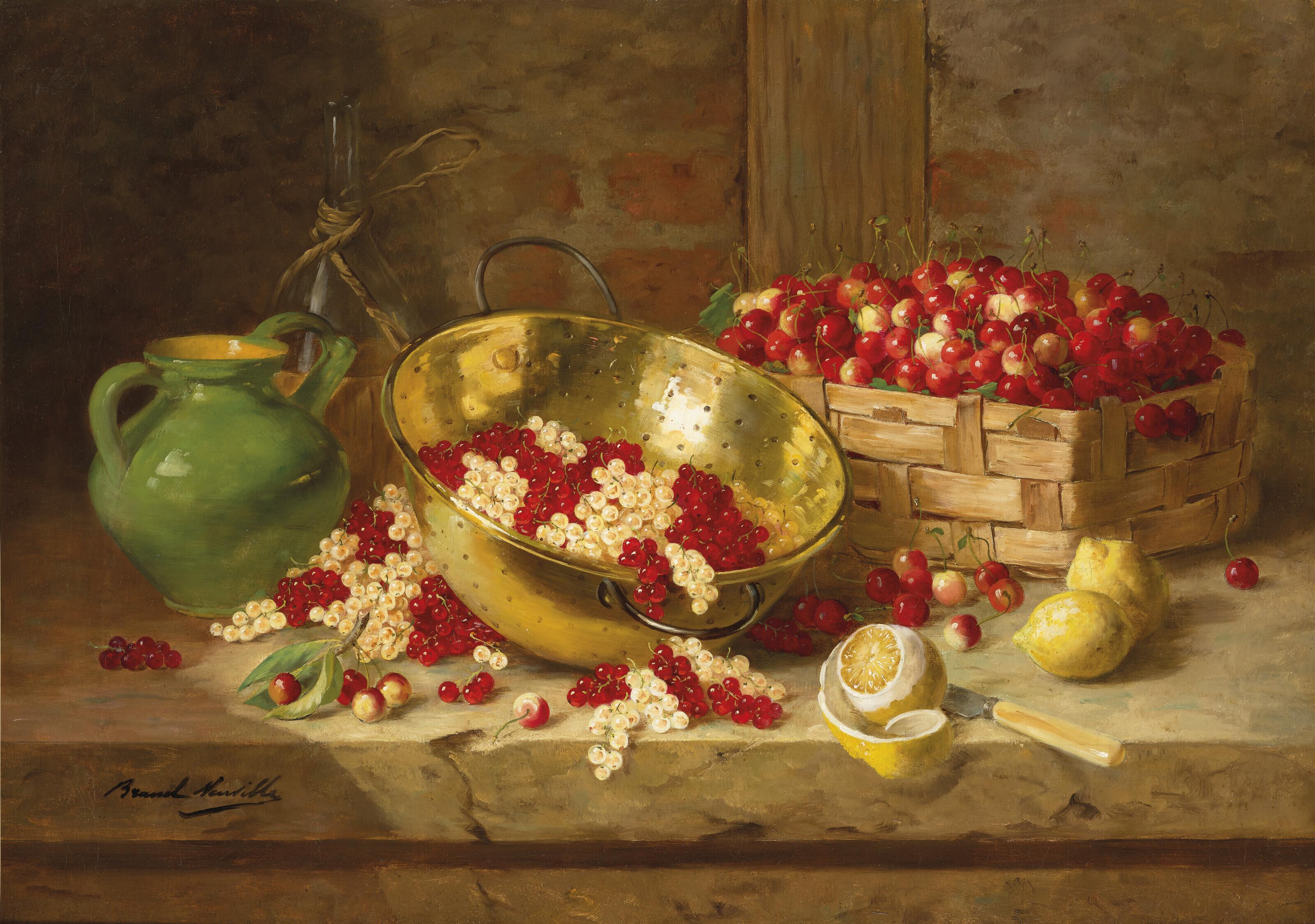 Alfred Arthur Brunel De Neuville - Nature Morte Aux Cerises Napoléon, Groseilles Et Citrons Sur Un Entablement