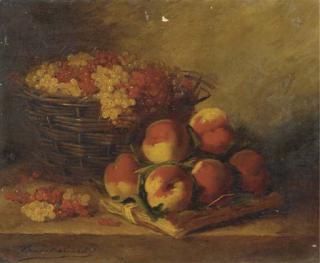 Alfred Arthur Brunel de Neuville - Peaches and Currents in a Basket on a Table