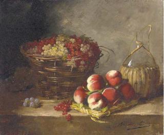 Alfred Arthur Brunel De Neuville - Peaches, redcurrants and whitecurrants in a basket, grapes and a bottle on a ledge