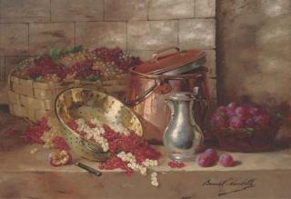 Alfred Arthur Brunel de Neuville - Redcurrants, whitecurrants and plums in various vessels on a ledge