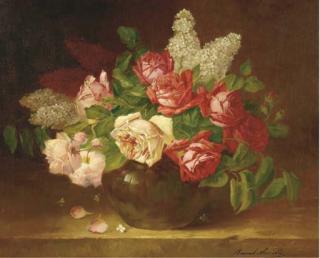 Alfred Arthur Brunel De Neuville - Roses and lilacs in a vase