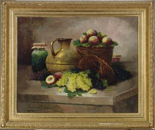 Alfred Arthur Brunel De Neuville - Still life with peaches and grapes