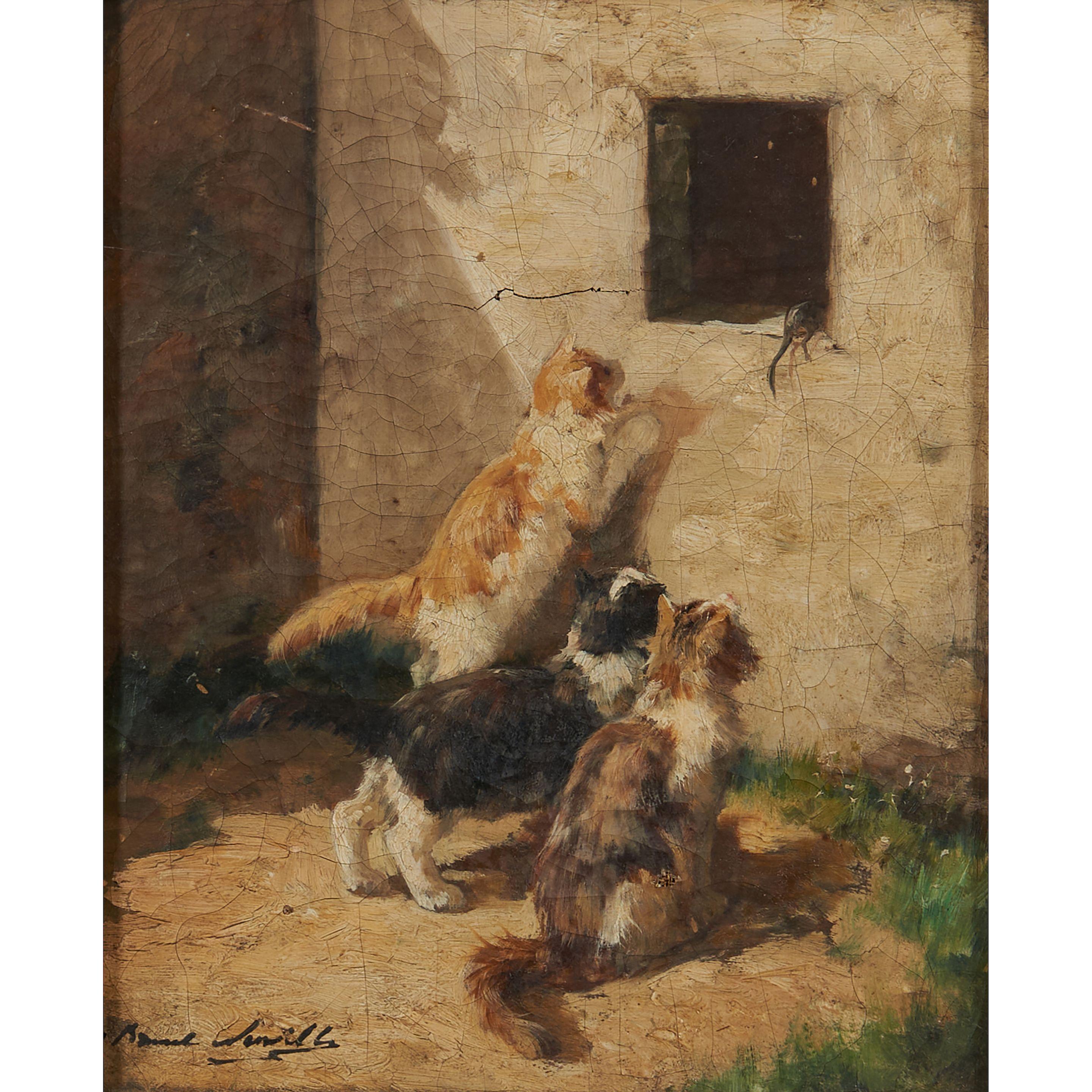 Alfred Arthur Brunel De Neuville - The Escape: Three Cats Chasing a Mouse 10 5/8 x 8 5/8 in. (26.7 x 22.0 cm) framed 17 1/2 x 15 3/4 x 3 in.