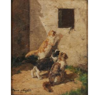 Alfred Arthur Brunel De Neuville - The Escape: Three Cats Chasing a Mouse 10 5/8 x 8 5/8 in. (26.7 x 22.0 cm) framed 17 1/2 x 15 3/4 x 3 in.