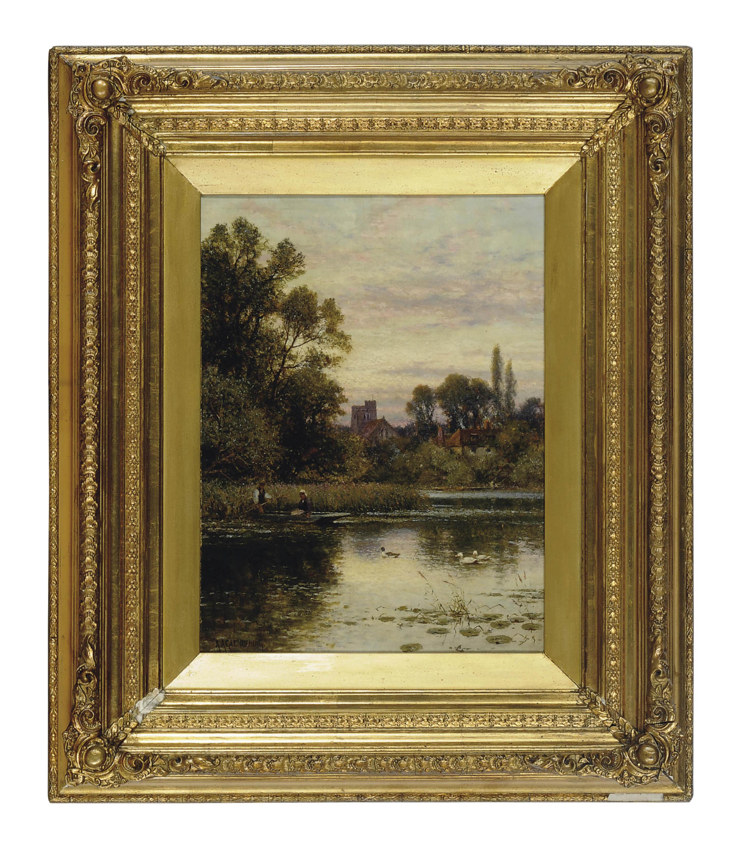 Alfred Augustus Glendening Jun. R.B.A. - Rowing on a pond with a village beyond
