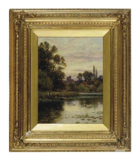 Alfred Augustus Glendening Jun. R.B.A. - Rowing on a pond with a village beyond