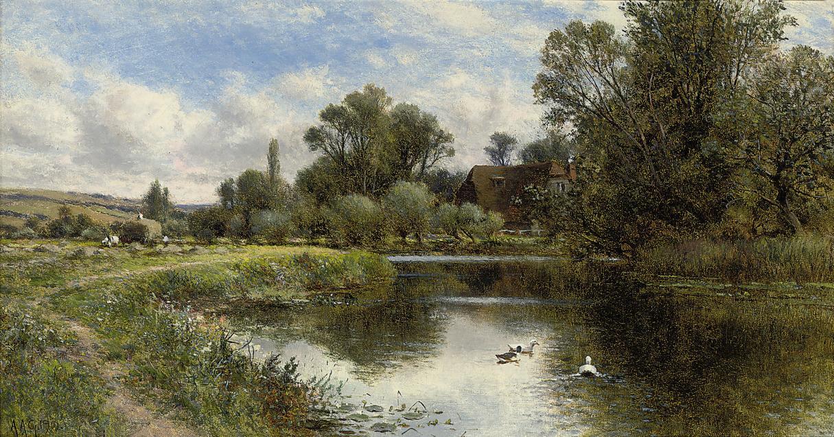 Alfred Augustus Glendening, Snr. - Ducks on a pond, a cottage beyond