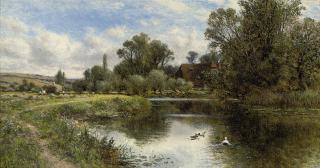 Alfred Augustus Glendening, Snr. - Ducks on a pond, a cottage beyond