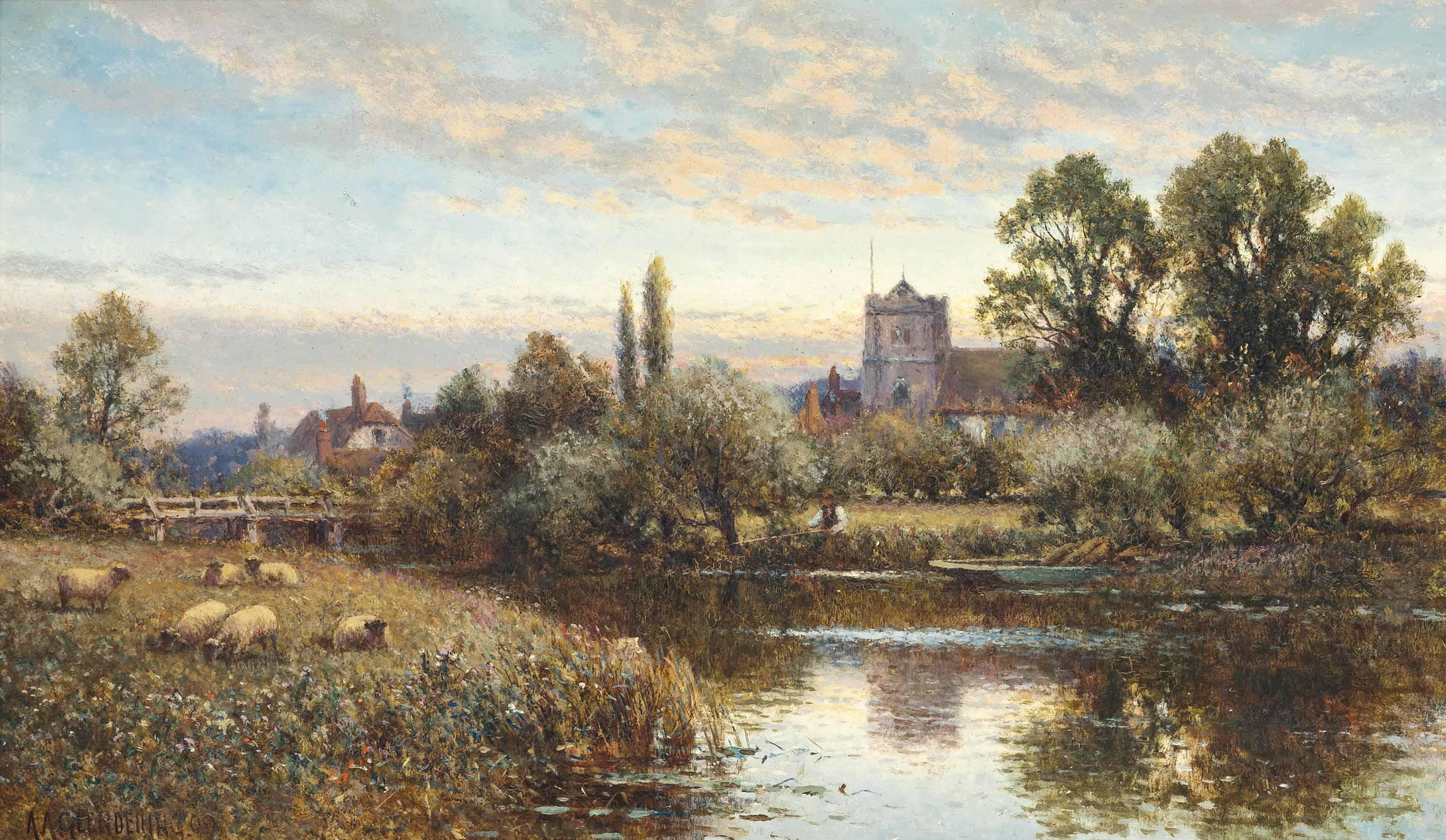 Alfred Augustus Glendening, Snr. - Sheep Grazing Before Wrotham Church, Twilight