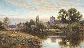 Alfred Augustus Glendening, Snr. - Sheep Grazing Before Wrotham Church, Twilight