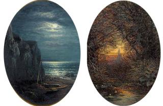 Alfred Augustus Glendening - A fishing boat in a cove by moonlight; and A river landscape at sunset