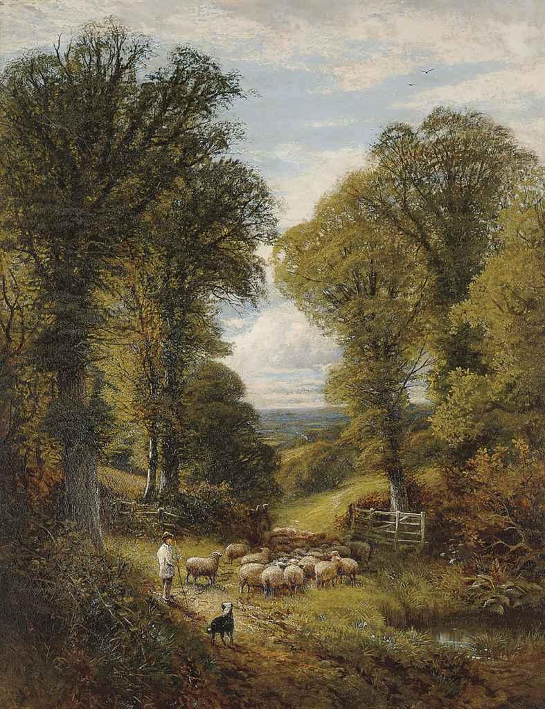 Alfred Augustus Glendening - A shepherd and his flock changing pastures