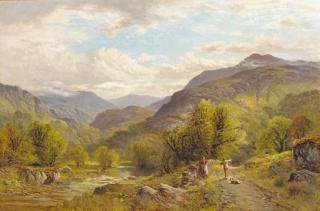 Alfred Augustus Glendening - Figures On A Riverside Path In A Mountainous Landscape