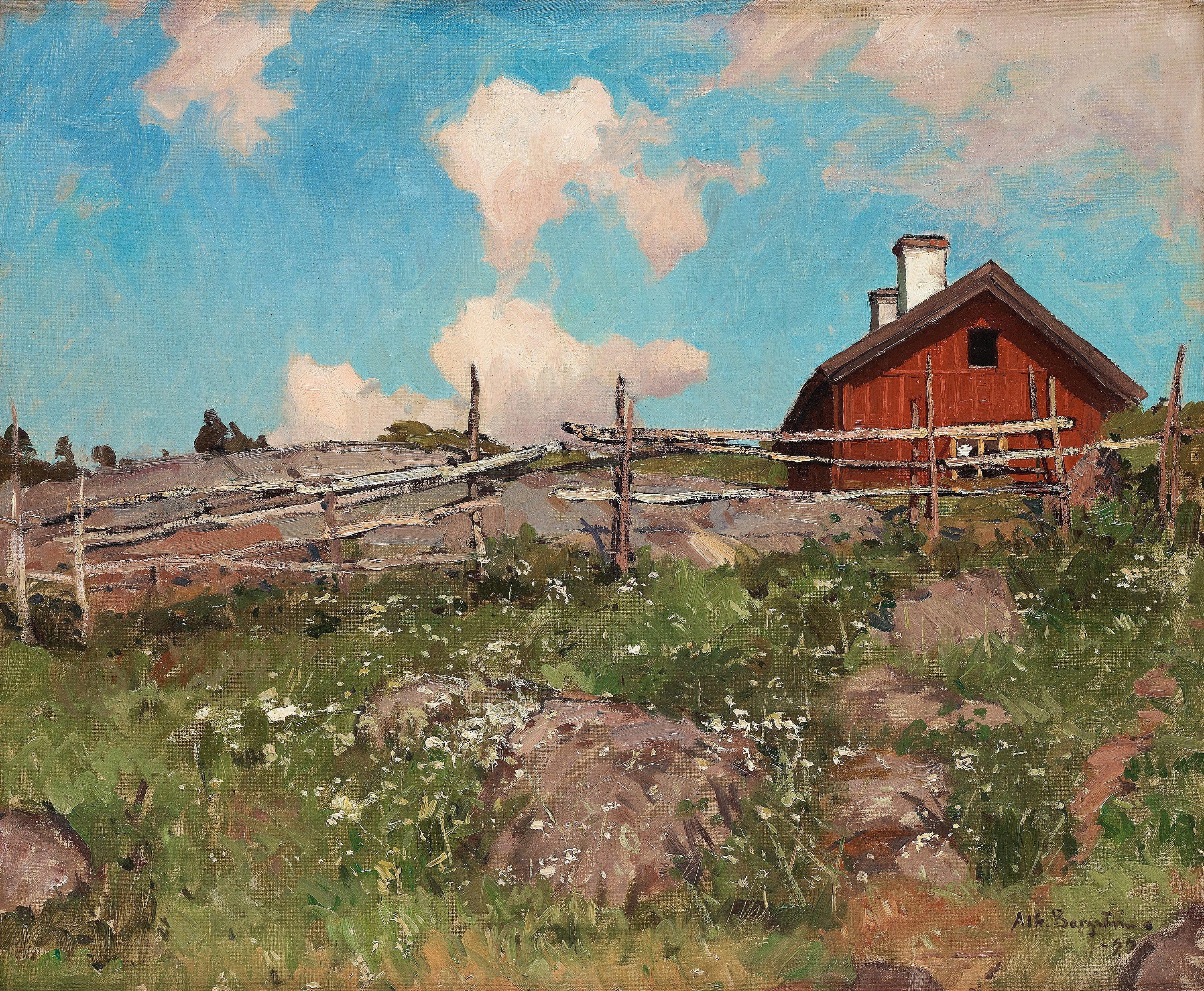 Alfred Bergström - Summer landscape with red cottage behind a roundpole fence