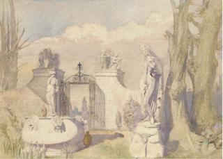 Alfred Charles Conrade - A Fountain of Cupid Before A Roman Gate In An Italian Garden (Illustrated); And An Interior View of The Hall of Mirrors, Versailles