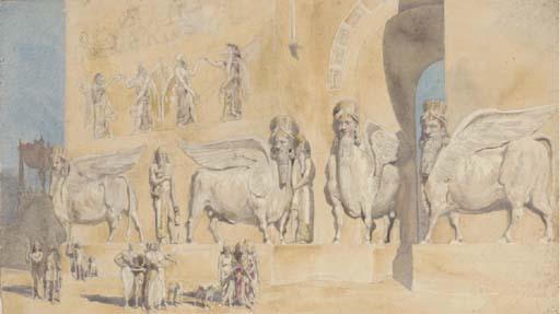 Alfred Charles Conrade - The Palace of Sargon At Khorsabad, Egypt (Illustrated); And Figures Before The Entrance To An Egyptian Temple