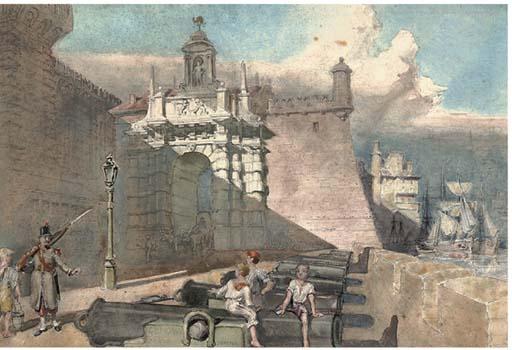 Alfred Charles Conrade - The Waterfront At Genoa: Children Playing On The Cannons