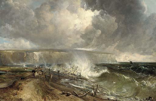 Alfred Clint - Figures walking on a shore in a stiff breeze