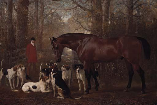 Alfred Corbould - Elford, The Favourite Hunter Of Hugo F. Meynell Ingram Esq., With Tom Leedham, The Huntsman, And Hounds At Hoar Cross Hall