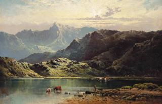 Alfred de Bréanski, Snr., R.B.A. - Cattle Watering At The Edge Of A Loch, Late Afternoon