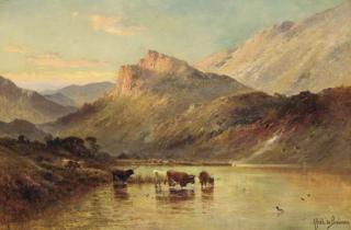 Alfred De Breanski, Snr. - Cattle watering in a Mountainous Landscape
