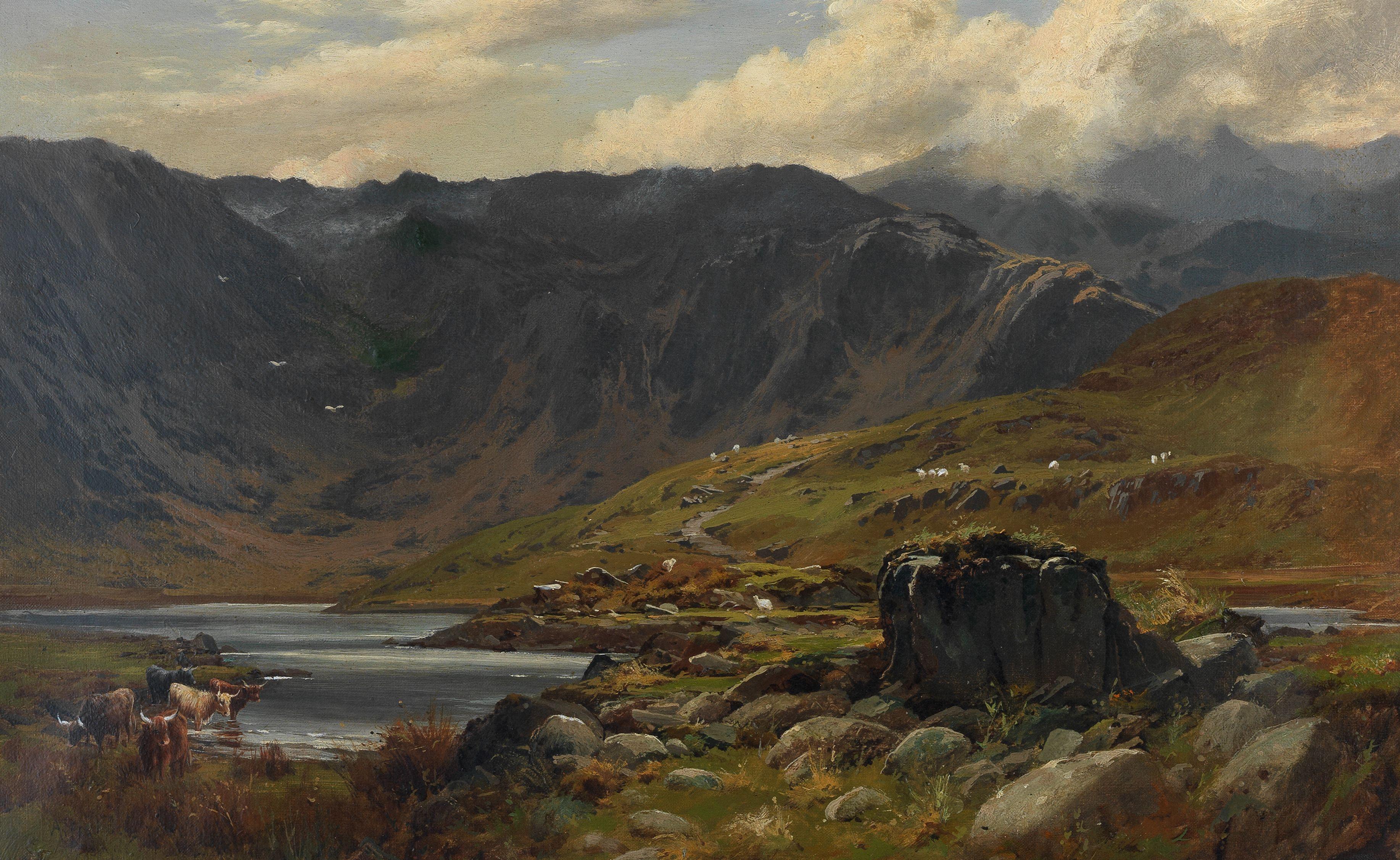 Alfred De Breanski Snr. - Highland cattle by a loch
