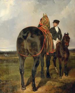 Alfred de Dreux - A horse held by a mounted groom, in a landscape