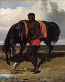 Alfred De Dreux - Africain tenant un cheval au bord d\'une mer
