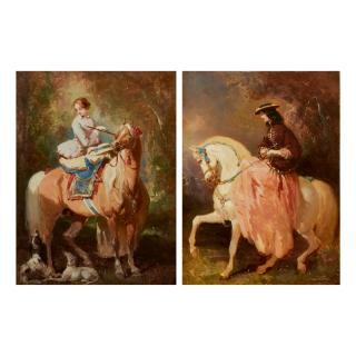 Alfred De Dreux - Amazone Blonde Regardant Deux Chiens Et Un Cheval Alezan Clair;  Amazone Au Petit Canotier, Veste Rouge, Jupe Rose, Une Cravache Sur Un Cheval Gris Aux Rubans Bleus