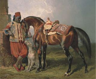 Alfred de Dreux - An African Groom Holding A Stallion, With A Dog