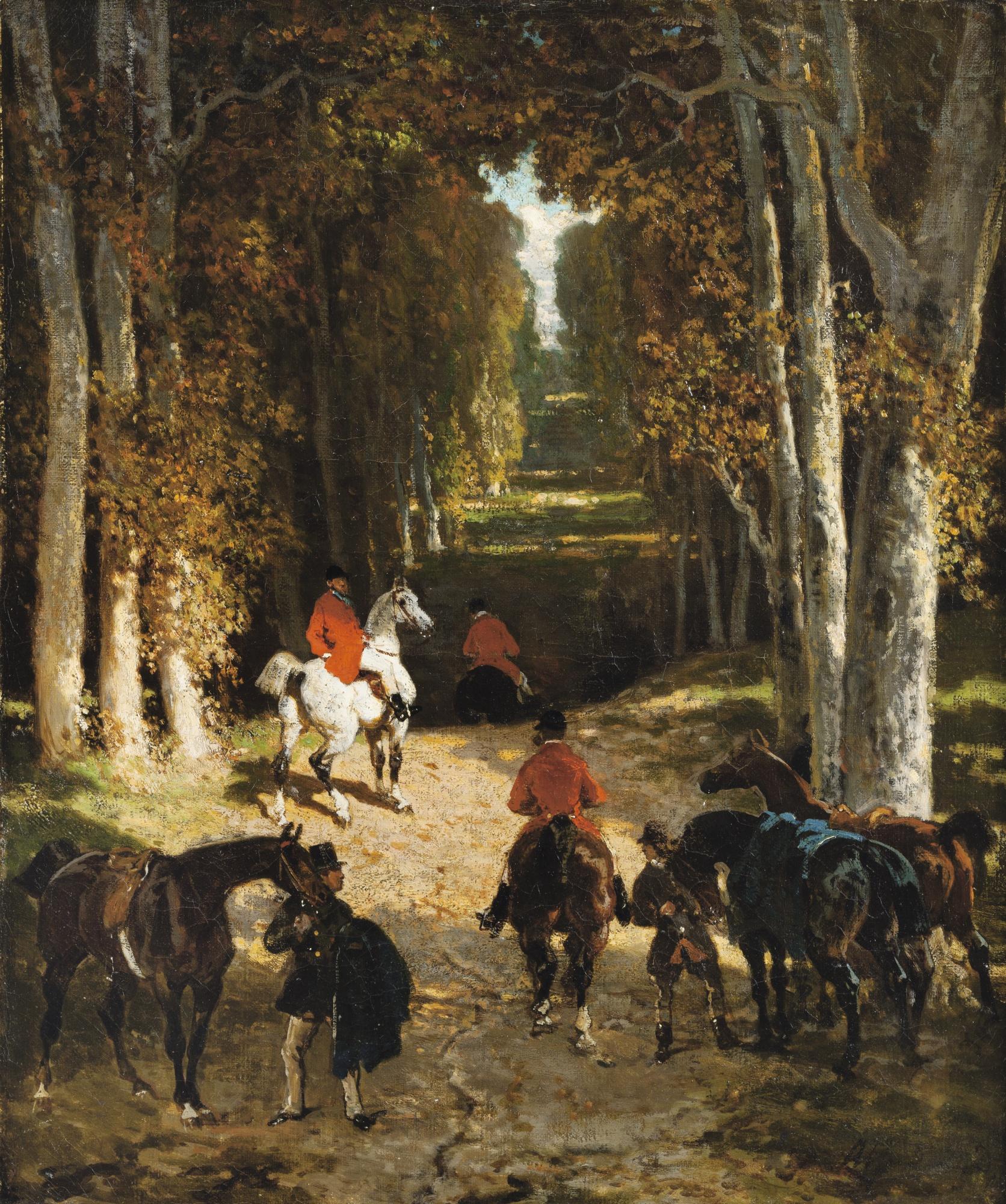 Alfred De Dreux - Before The Departure For Hunting In An Alley