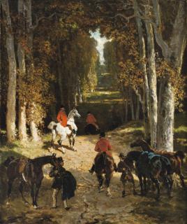 Alfred De Dreux - Before The Departure For Hunting In An Alley