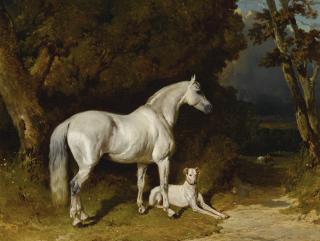 Alfred De Dreux - Etalon Gris Et Lévrier (Couché Au Bord De L\'Allée)