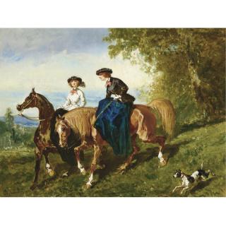 Alfred de Dreux - French Amazone En Noir Et Jeune Amazone En Blanc