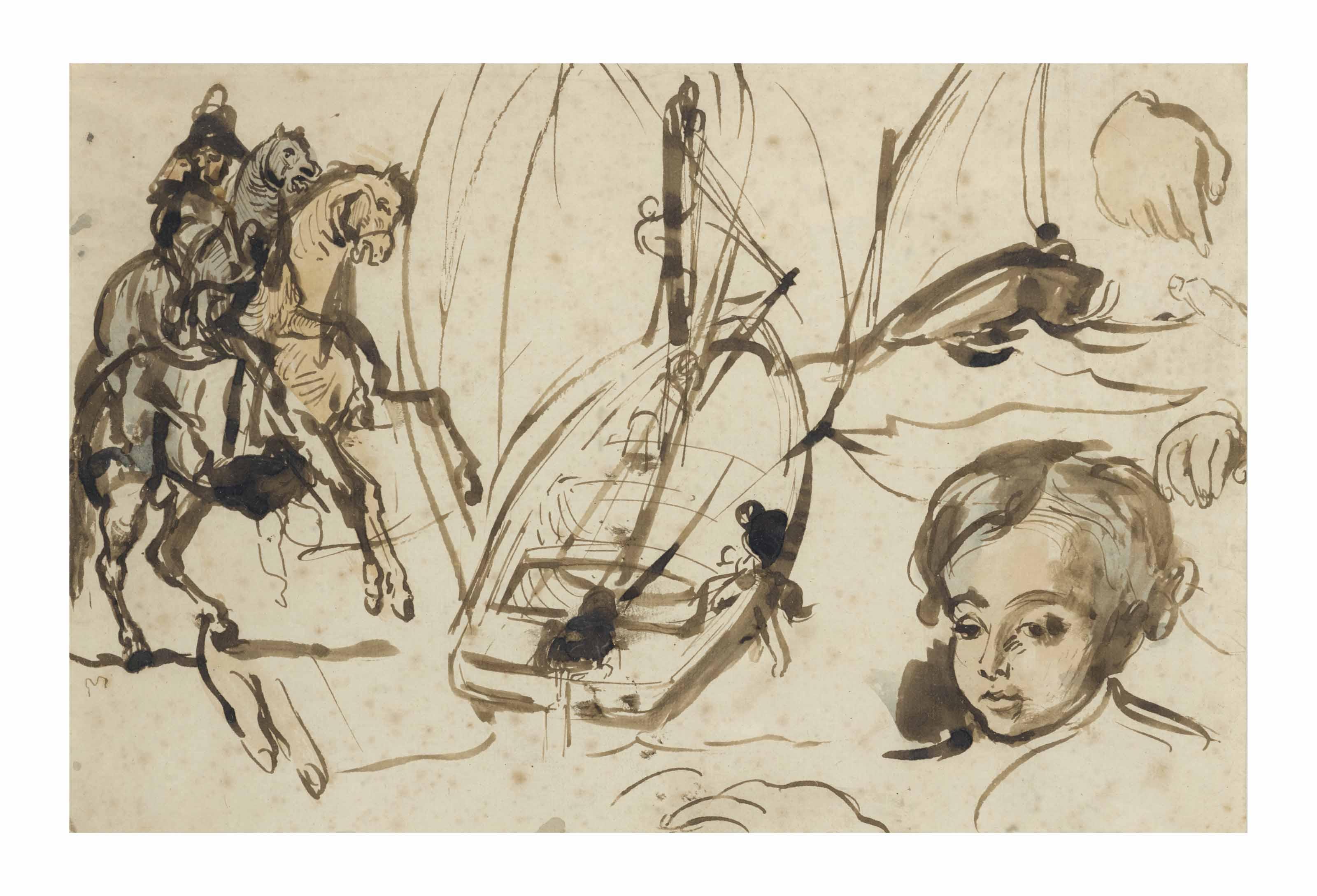Alfred Dehodencq - Feuille d\'études avec tête d\'enfant, voilier et cavalier à cheval