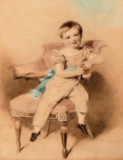 Alfred Edward Chalon, R.A. - Portrait of a boy, seated, wearing a blue sash