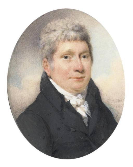 Alfred Edward Chalon - A gentleman called William Hales of Maslow, in black coat and waistcoat, tied white cravat; sky background; together with J.H. Peile, Esq. in black coat seated in red chair