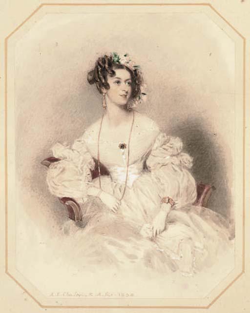 Alfred Edward Chalon - Portrait of a lady, three-quarter-length, seated in a chair, with flowers in her hair