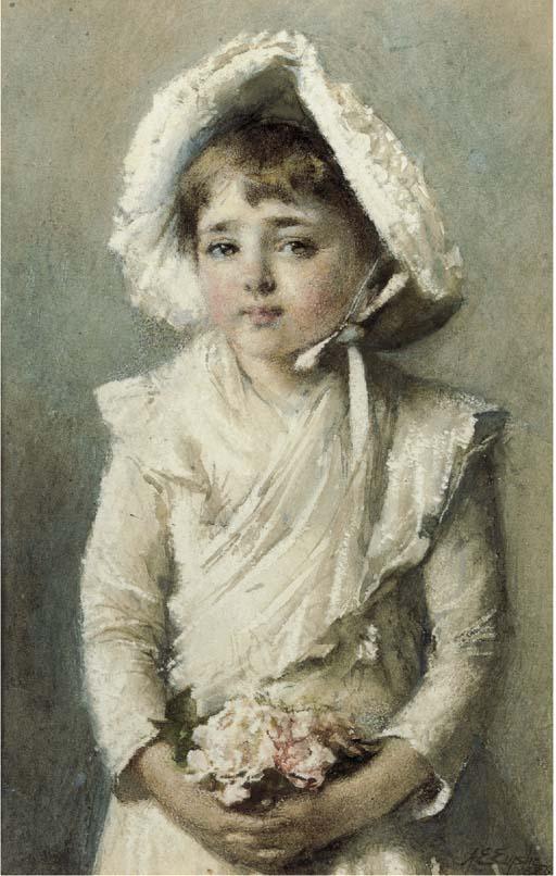 Alfred Edward Emslie, A.R.W.S. - Portrait of a young girl with a bonnet holding a small bouquet