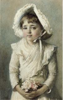 Alfred Edward Emslie, A.R.W.S. - Portrait of a young girl with a bonnet holding a small bouquet