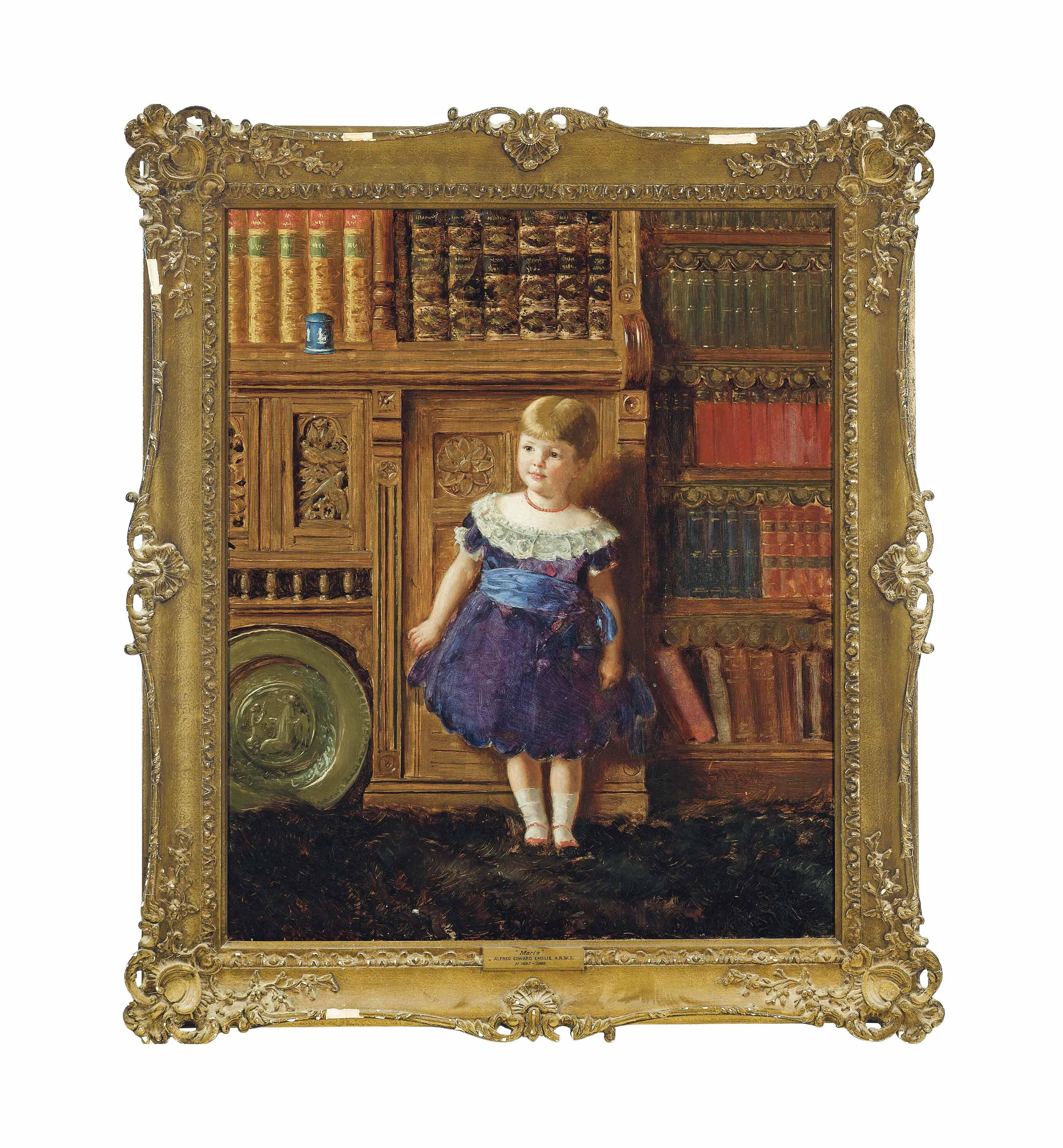 Alfred Edward Emslie, A.R.W.S. - Portrait Of Maria, Standing Full- Length, In A Purple Dress And Blue Sash, In The Library