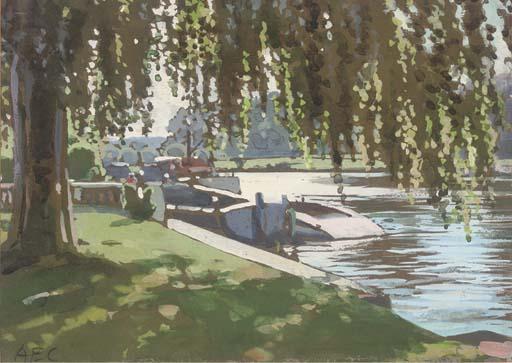 Alfred Egerton Cooper - Boats alongside a shady riverbank