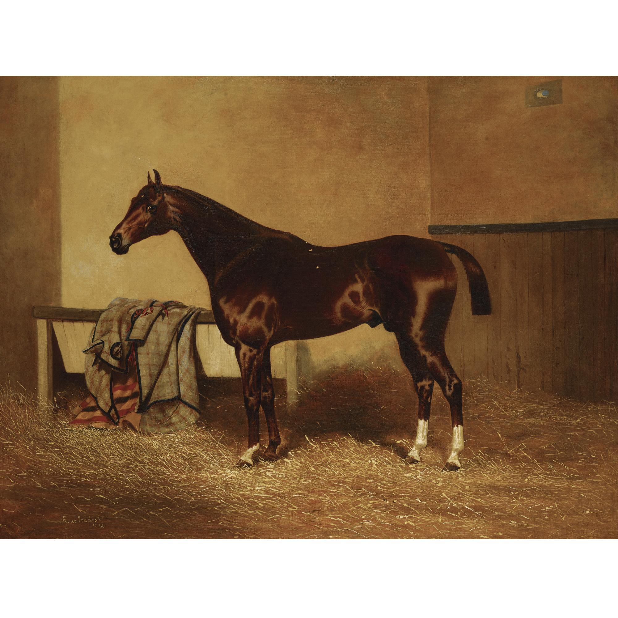 Alfred F. De Prades - A Liver Chestnut Horse In A Stall