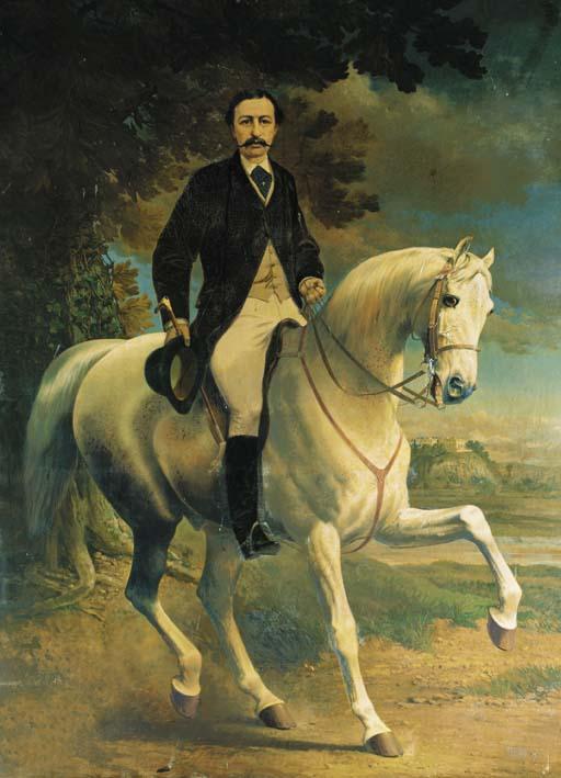 Alfred F. De Prades - Equestrian Portrait of Henry Robert Clifton, on a grey horse, in a landscape, with Clifton Castle, Nottinghamshire, beyond